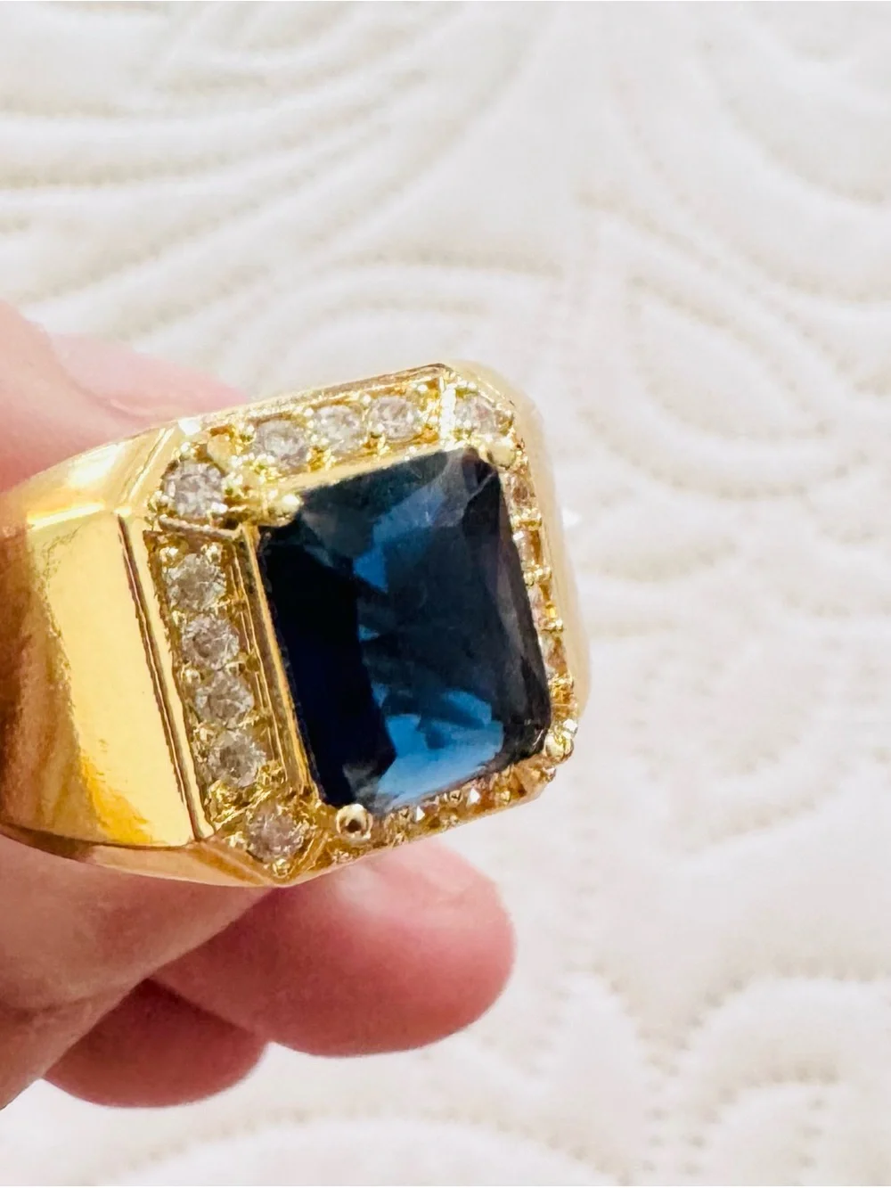 18K Gold Plated Men's Cocktail Ring with Deep Blue Center Stone.